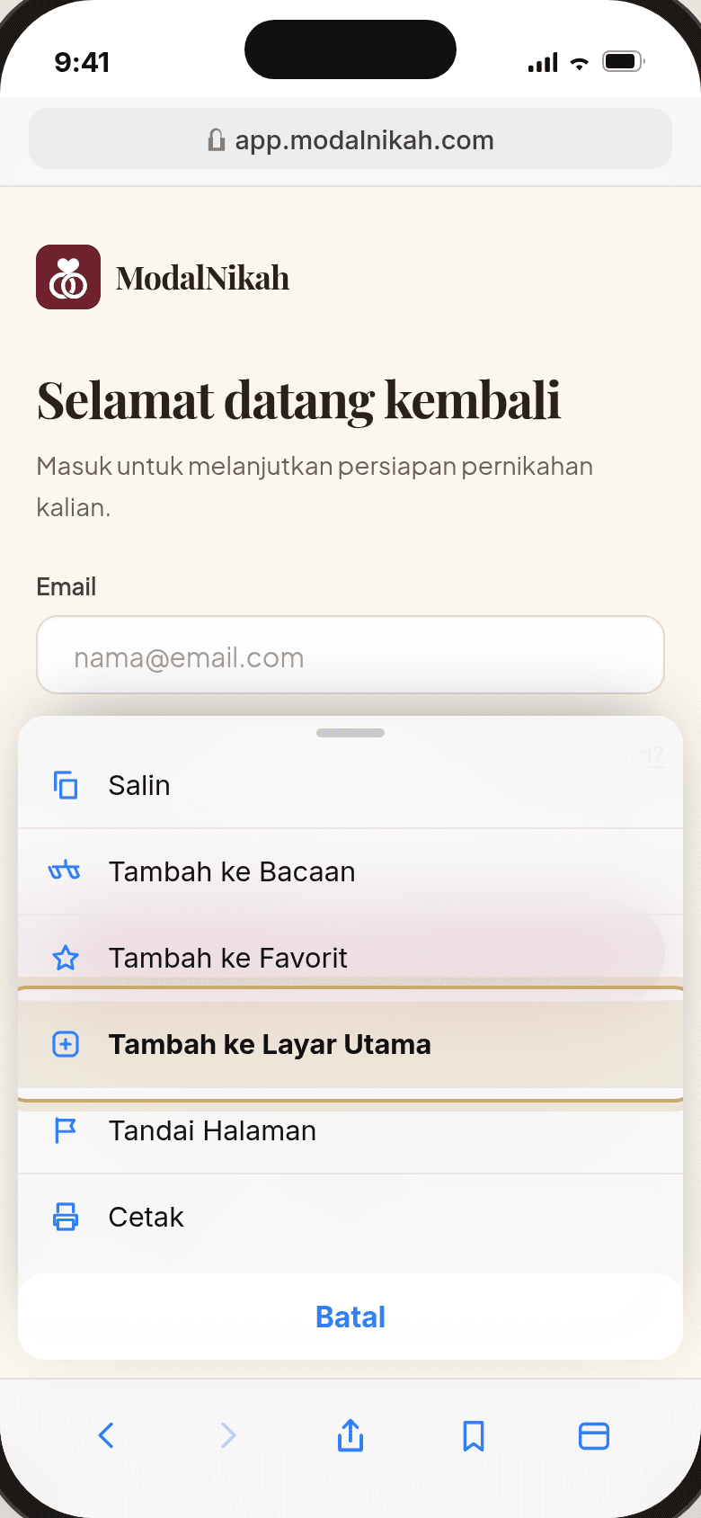 Daftar bagikan Safari dengan opsi Tambah ke Layar Utama disorot