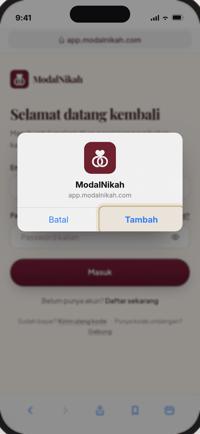 Dialog konfirmasi menampilkan nama ModalNikah dan alamat app.modalnikah.com, tombol Tambah disorot