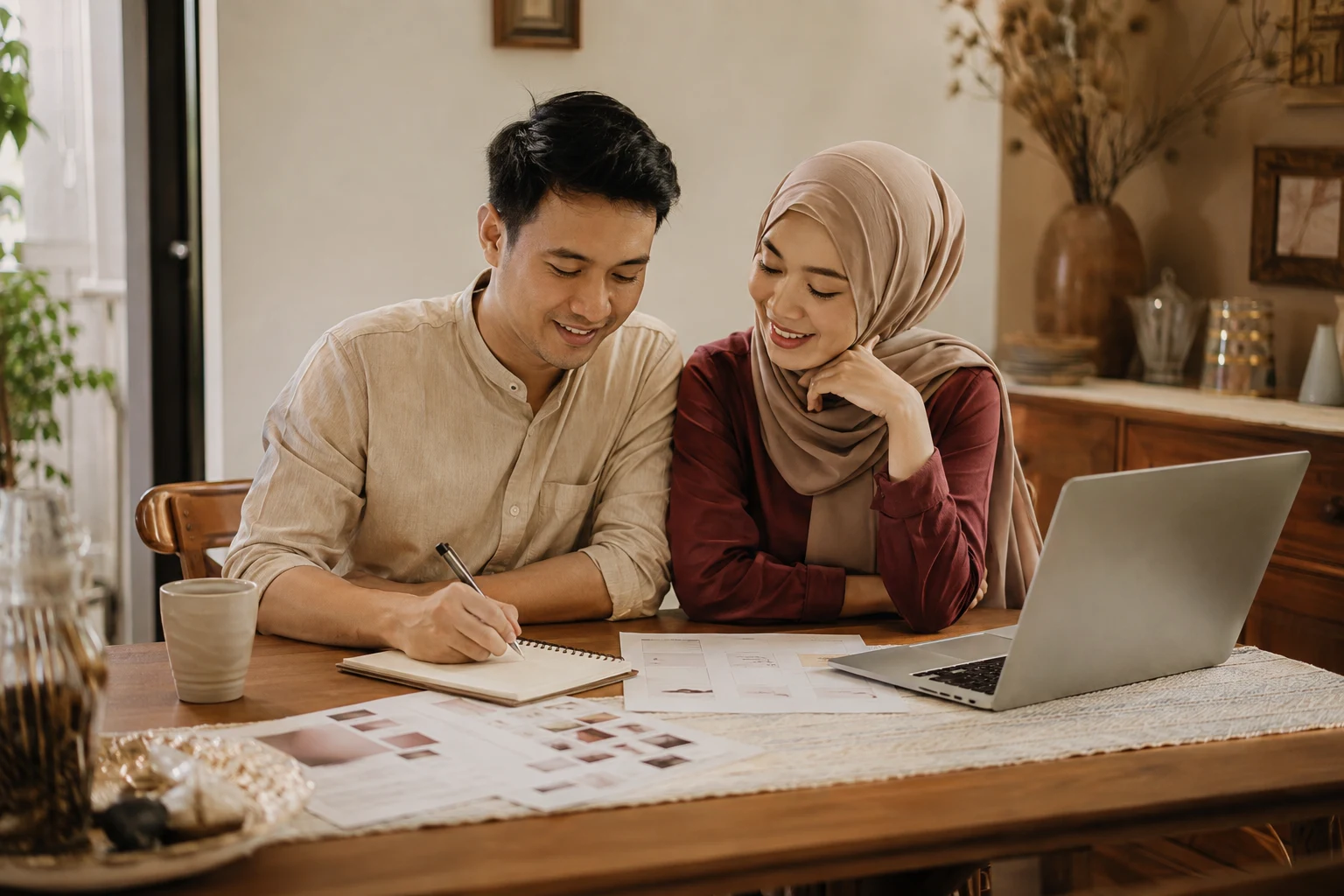Pasangan merencanakan pernikahan bersama di meja